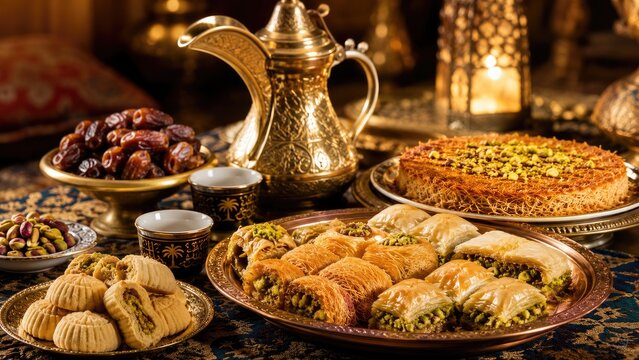 Assorted Middle Eastern desserts on an ornate table with baklava, kunafa, dates, pistachios, brass coffee pot, small cups and decorative lanterns