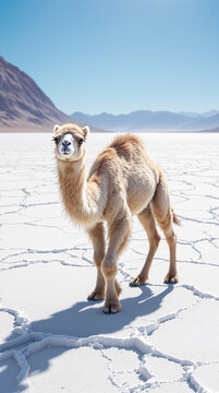 Baby camel on salt flat explorer. Young dromedary standing in a vast arid desert landscape.