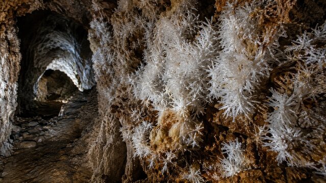 Underground cave tunnel lined with white needlelike aragonite crystals on rocky walls, illuminated passage with textured mineral formations