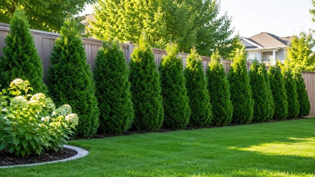Sunlit backyard with a row of dense evergreen arborvitae hedges, manicured lawn, wooden fence and ornamental shrubs creating a tidy privacy landscape
