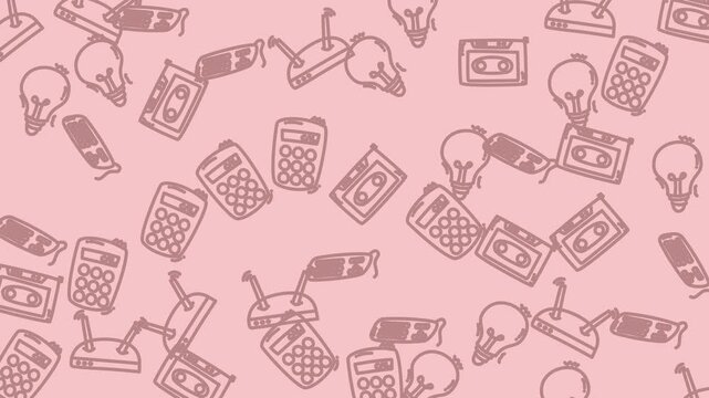 Repetitive pattern of lightbulbs, cassette tapes, calculators on a pink background. Suitable as background for techrelated designs.