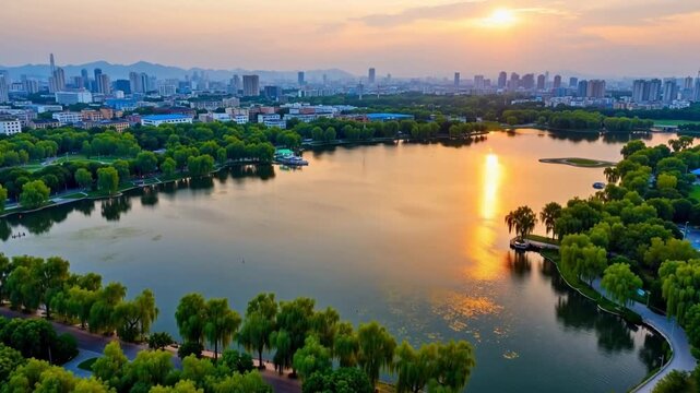 Aerial view of a serene lake at sunset with city skyline and lush green trees surrounding the water