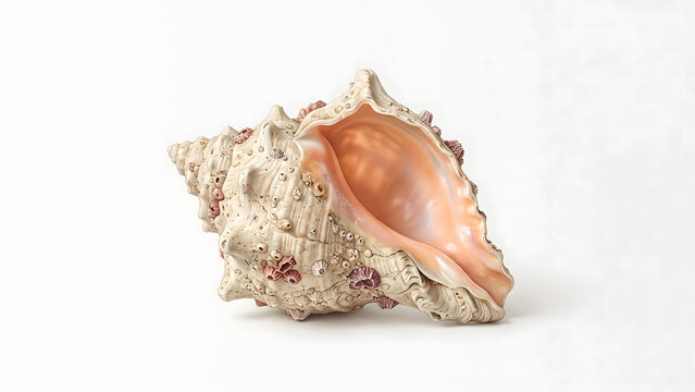 Queen Conch Seashell with Barnacles Isolated on White Background, Tropical Ocean Decor