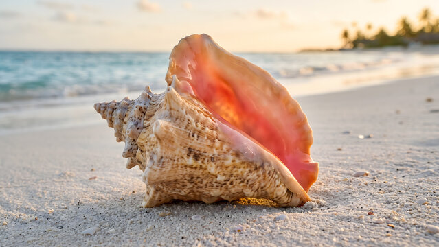 Queen Conch Seashell on Tropical Beach at Sunset, Golden Hour Ocean Nature Scene