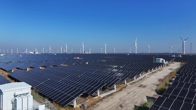 Large scale photovoltaic power station coexisting with wind turbines under clear blue sky
