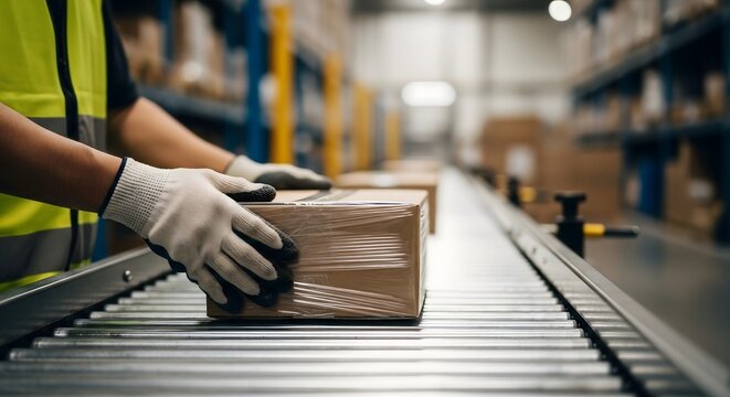 Warehouse worker handling packaged cardboard box on conveyor belt system