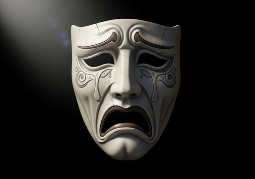 Tragic Muse mask, stark light on shadowed sorrow, a silent theatrical lament.