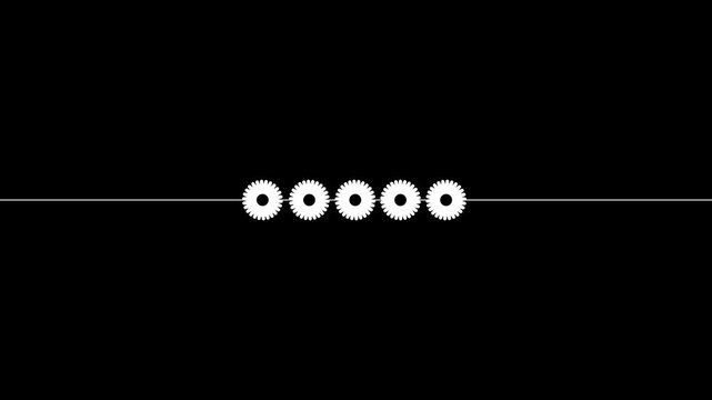 White gear icons moving along horizontal line with arrows, abstract mechanical motion graphic on black background