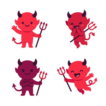 Flat vector illustration set of cute little devil imps holding trident pitchforks