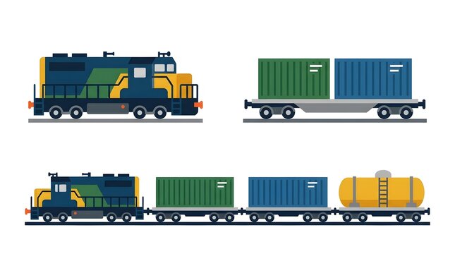 Kumpulan ilustrasi vektor kereta barang yang menampilkan lokomotif, gerbong kontainer, gerbong tangki, dan transportasi logistik rel. Cocok untuk tema freight transport, supply chain, pengiriman baran