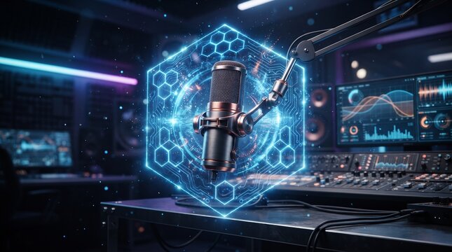 Studio microphone protected by glowing circuit shield, futuristic AI audio security concept for digital recording, broadcasting and content creation.