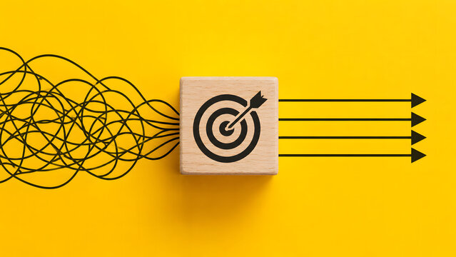 Tangled lines passing through a target wooden cube and emerging as straight arrows on yellow background. Simplified business strategy concept vector illustration. Ideal for focus banners.