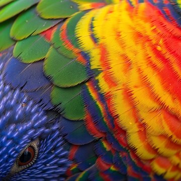 Vibrant Feather Closeup: A Glimpse of a Rainbow-Plumed Bird's Eye.