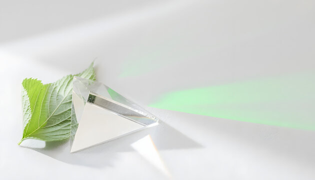 Green Technology concept showcasing a transparent crystal prism refracting light next to a fresh natural leaf on a clean white surface with modern minimalist aesthetics