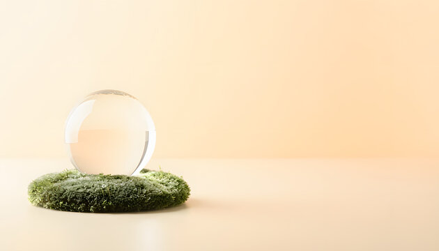 Luxury minimalist Green Technology concept featuring a polished transparent glass sphere on green moss