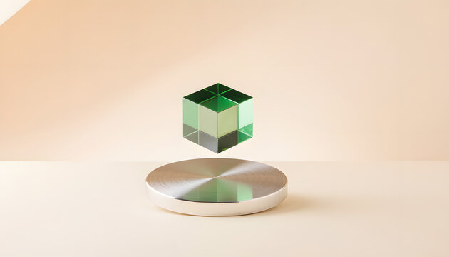 Captivating ultra-realistic concept art showcasing a single translucent green acrylic cube, an emblem of sustainable Green Technology advancement