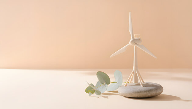 Green Technology concept with a miniature wind turbine and eucalyptus leaf on neutral beige background