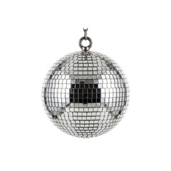 Fototapeta premium Reflective disco ball hanging on a white background