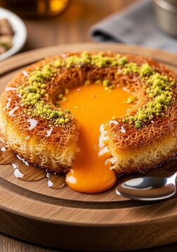 Golden, cheesy pastry oozing sweet syrup, crowned with vibrant green pistachios. A delectable dessert captured in perfect focus.
