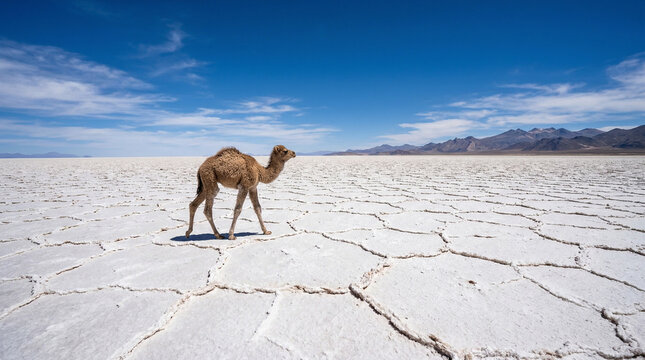 Baby camel walking on vast salt desert. Young dromedary exploring white crystalline landscape under clear blue sky.