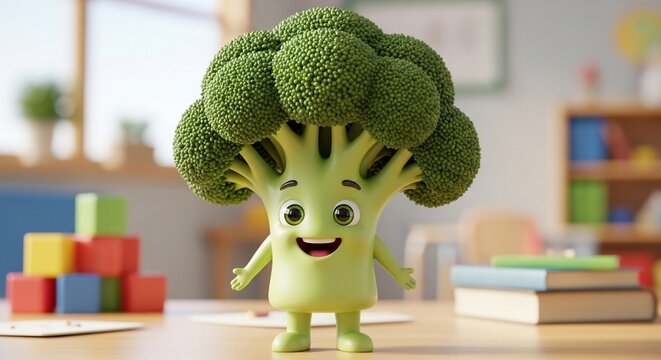 Joyful Broccoli Character in Playful Classroom, Soft Lighting, Vibrant Textures