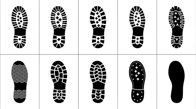 Shoe Sole Tread Pattern Set Featuring Ten Different Footprint Designs Including Rugged Hiking Boots And Athletic Sneaker Tracks For Graphic Projects