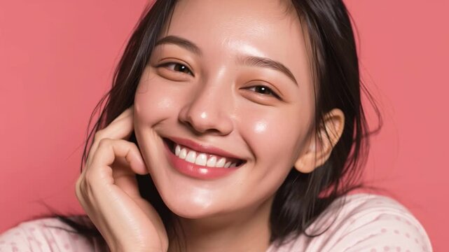 Smiling young woman portrait pink background closeup face beauty skincare soft light happy expression female Asian young adult