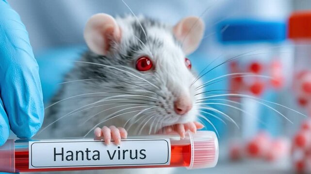 Laboratory rat with red eye near virus sample medical research, clinical background, rodent animal blood sample for virus diagnosis and disease