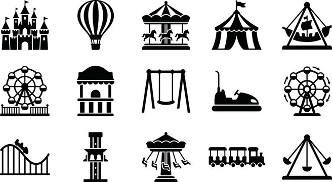 Collection of amusement park ride icons and carnival attractions.