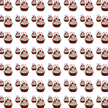 Seamless Pattern of Hand Drawn Cupcakes with Whipped Cream and Red Cherries with White Background