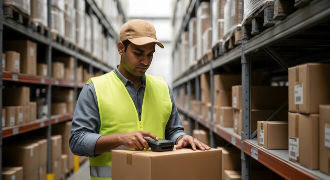 Professional warehouse worker scanning package barcode using handheld device