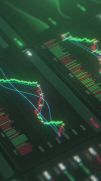Trading terminal interface with a cryptocurrency candlestick charts, market board quotes and heatmap panels. Close up of a crypto and stock exchange dashboard with green and red price data