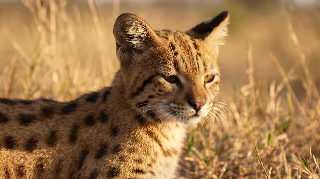 Alert Wild Serval Cat in Natural Habitat - A close-up portrait of a wild serval cat with striking amber eyes, its spotted coat camouflaged amongst dry grasses in a natural environment.