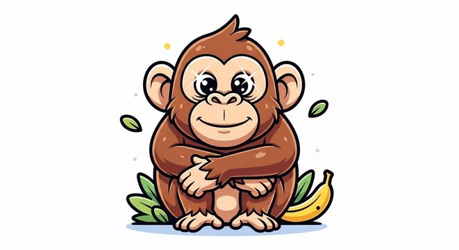 Whimsical illustration of a cute monkey, earthy tones, playful character, jungle vibes, sweet moment.