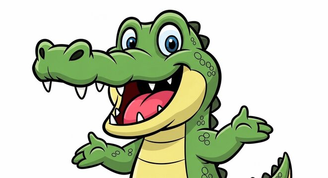 Joyful Cartoon Alligator, Vibrant Green Digital Art, Big Smile Illustration