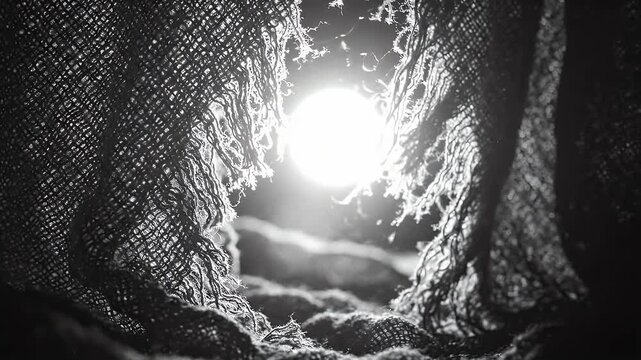 Abstract Black and White Fabric Texture with Bright Light Rays - A close-up, black and white shot showcases the intricate texture of woven fabric with frayed edges.