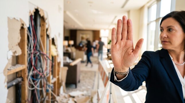 Female insurance agent gesturing stop near damaged drywall