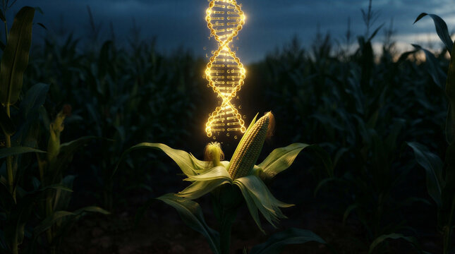 Genetic Engineering in Agriculture A glowing DNA helix hovers above a fresh ear of corn symbolizing the intersection of genetic modification and crop cultivation in a field at dusk