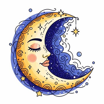 Dreamy Crescent Moon Illustration: Whimsical, starry night, serene sleep. Vibrant yellow, deep blue.