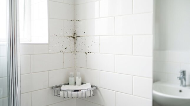 Black mold growing on white tiled bathroom shower wall