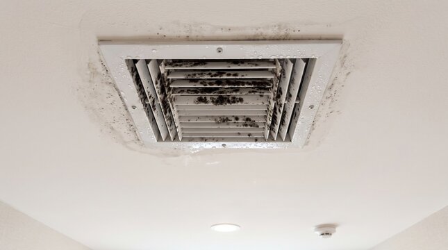 Black mold and condensation growing on a ceiling vent