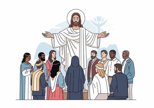 Divine Embrace: A Masterful Illustration of Spiritual Gathering in Gentle Blues and Whites