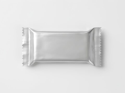 A shiny silver snack wrapper isolated on white background. Ideal for food.