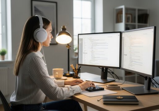 Focused Young Woman Wearing Headphones Working on Dual Computer Monitors with Code, Studying or Programming