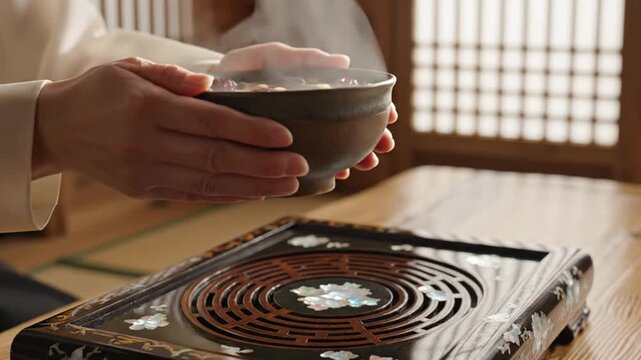 Steaming Korean jujube and pine nut tea in traditional setting