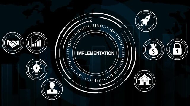 Dynamic digital implementation hud interface featuring animated business global strategy growth charts, corporate financial planning, startup success concepts, and modern technology data visualization