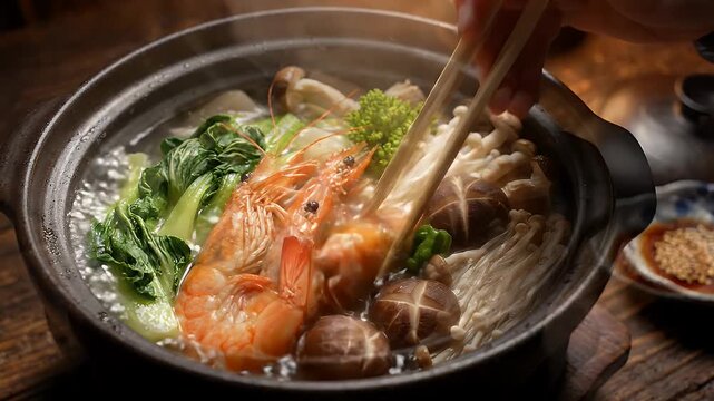 Steaming Japanese Hot Pot with Shrimp and Vegetables - A close-up view of a bubbling Japanese hot pot filled with fresh ingredients like plump shrimp, crisp bok choy, and assorted mushrooms.
