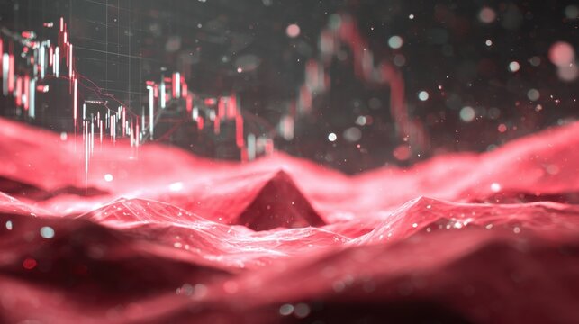 Abstract financial background featuring colorful market trends and digital waves in shades of red and dark tones for modern design