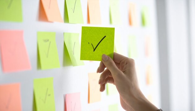 Hand placing office note on wall. Final decision concept with sticky note checkmark.