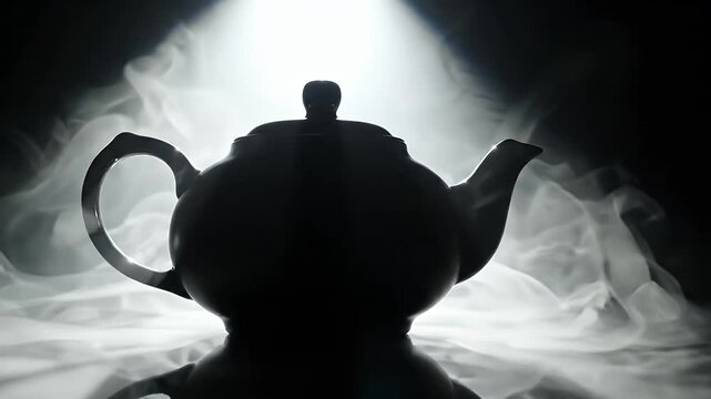 Dramatic Black Teapot Silhouette in Spotlight and Fog - A dramatic, elegant black teapot is silhouetted against a bright spotlight and swirling atmospheric fog.